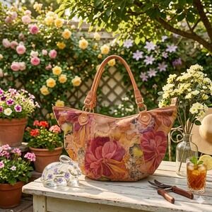 VTG Maurizio Taiuti Italy Floral Leather Tote Large Shoulder Bag Tan Pink Floral